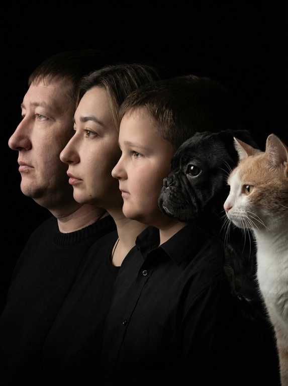 Профессиональный студийный портрет с низким контрастным светом. Головы расположены строго в одну линию. боковой профиль, взгляд влево. У всех видны только головы и немного плечи. Головы занимают весь кадр. Черный фон. Черная одежда у всех. Расположи их в таком порядке: мужчина, женщина, ребёнок, собака, кот