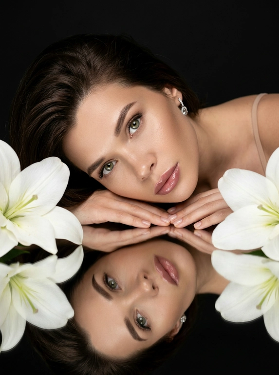 Фотореалистичный студийный beauty-портрет в эстетике дорогой рекламной кампании люксового косметического бренда. Минималистичная студия с глубоким матовым чёрным фоном. Перед моделью идеально гладкий чёрный зеркальный стол с чистым отражением лица, рук и цветов.

Женщина спокойно лежит на животе, корпус расположен немного по диагонали. Плечи расслаблены. Лицо находится почти вплотную к поверхности стола. Голова слегка наклонена вправо и мягко опирается щекой на сложенные кисти рук. Правая кисть лежит под щекой, левая свободно расположена сверху. Руки направлены по диагонали вдоль нижней части лица, пальцы расслабленные и естественно вытянутые. Лицо практически параллельно поверхности стола. Взгляд направлен прямо в объектив. Выражение спокойное, уверенное и слегка отстранённое. Губы мягко расслаблены.

В одном ухе небольшая изящная серьга с прозрачными бриллиантами. На модели минималистичный топ телесного оттенка с тонкими бретелями, почти полностью скрытый кадрированием.

Макияж выполнен в стиле luxury beauty campaign. Идеально ровный естественный тон кожи с деликатным сатиновым финишем. Лёгкий контуринг мягко подчёркивает скулы и овал лица. Нежные бежево-тауповые тени с плавной растушёвкой создают выразительную глубину взгляда. Верхнее межресничное пространство аккуратно затемнено, тонкая мягкая стрелка практически незаметна. Длинные, густые, идеально разделённые ресницы с объёмной премиальной тушью. Брови натуральные, аккуратно уложенные, с мягкой архитектурой и естественной густотой. На внутренних уголках глаз едва заметное сияние. Скулы подчёркнуты деликатным сатиновым хайлайтером без крупных блёсток. Губы объёмные, идеально очерченные пыльно-розовым карандашом, покрыты полупрозрачной розово-бежевой помадой с дорогим увлажняющим глянцевым финишем.

По обе стороны лица расположены две крупные полностью раскрытые белые лилии. Цветы находятся очень близко к объективу, частично выходят за границы кадра и создают симметричное обрамление лица. Их отражение полностью повторяется на зеркальной поверхности стола.

Большой мягкий источник света расположен спереди и немного слева от камеры. Освещение дорогое, объёмное и контролируемое, как в премиальной рекламе Dior Beauty, Estée Lauder или Tom Ford Beauty. Свет равномерно освещает лицо, создавая деликатные блики на скулах, переносице, губах и зеркальной поверхности, сохраняя глубокие чистые чёрные тени по краям кадра.

Камера расположена очень близко, примерно в 30-40 см от лица, немного выше поверхности стола и направлена вниз примерно под углом 15-20°. Очень плотный портрет beauty crop. Лицо занимает почти всю ширину кадра. Верх головы и часть предплечий слегка выходят за границы изображения. Отражение лица почти полностью заполняет нижнюю половину кадра. Ракурс максимально близкий, слегка заниженный, без ощущения съёмки сверху.

Снято на полнокадровую камеру, объектив 105 mm, f/2.8. Идеально резкий фокус на глазах, губах и отражении лица. Ближайшие лепестки цветов слегка смягчены глубиной резкости. High-end beauty campaign, luxury skincare advertising, premium cosmetics editorial, дорогая журнальная рекламная съёмка, максимальный фотореализм, естественная текстура кожи, натуральный объём лица, мягкое плёночное зерно, без пластиковой ретуши, без AI-глянца, без текста и водяных знаков.

Какая будет прическа?: Не менять мою прическу