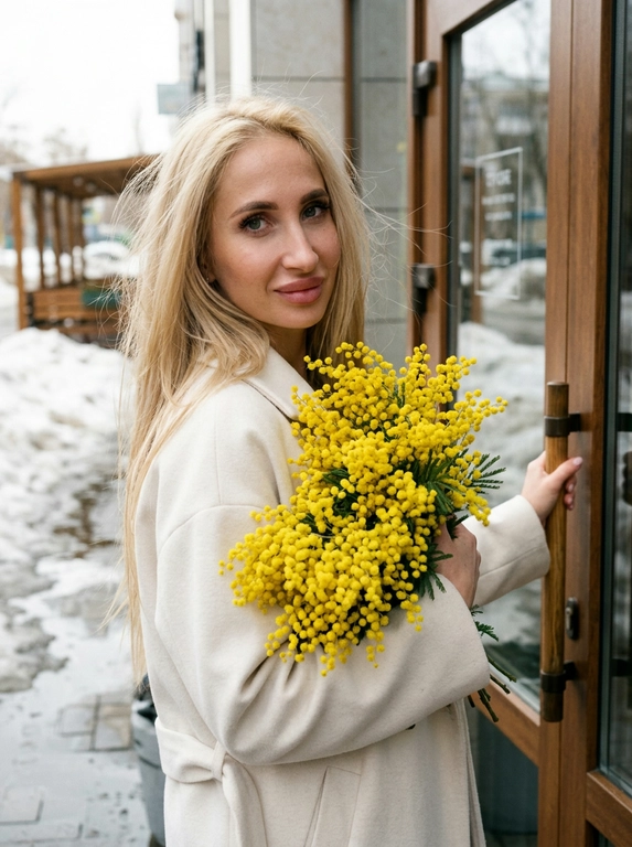 Сохранить черты лица и внешность, возраст, натуральный тон без ретуши. Средне-крупный план (от талии вверх), камера слева от женщины, лицо занимает не менее 35% кадра. Женщина стоит у входа в городское кафе с деревянной дверью и стеклянными вставками, корпус слегка развернут в 3/4 к камере. Лицом к двери, одной рукой держит ручку закрытой двери, другой прижимает к груди огромный пышный букет ярко-жёлтой мимозы. На ней элегантное светлое пальто (молочный оттенок), свободный крой. Волосы как на исходном фото слегка взъерошены ветром Мягкое выражение лица, лёгкая улыбка, взгляд в камеру. Атмосфера начала весны: тающий снег по краям улицы, влажный асфальт, мягкий рассеянный дневной свет, лёгкая прохлада в воздухе. Цветовая палитра нейтральная с ярким акцентом жёлтой мимозы. Фотореализм, натуральная текстура ткани и цветов, без HDR, без пластика, мягкий контраст, 35mm look.