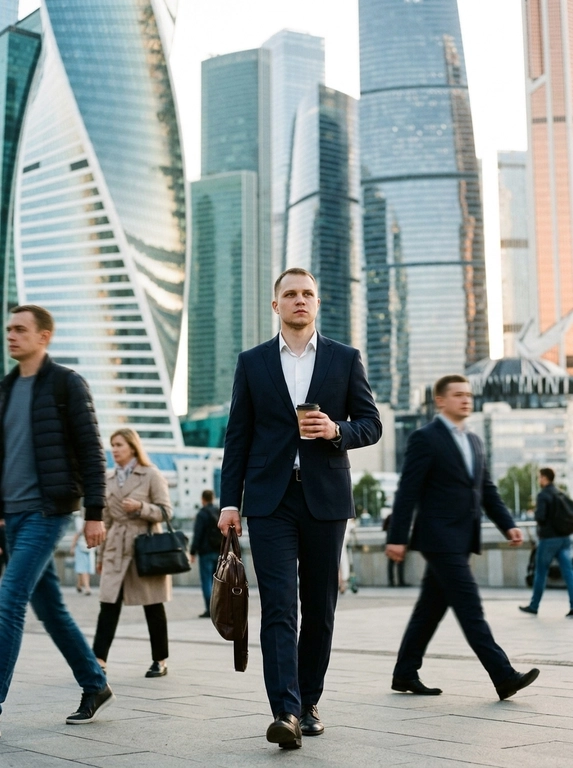 Не менять черты лица, сохранить 100% сходство. Ультрареалистичная уличная фотография в деловом стиле. Модель идёт вперёд через деловой квартал, окружена размытым потоком прохожих. Камера движется вместе с моделью, создавая лёгкий эффект динамики и присутствия.
Кадр: крупный план лица и плеч, слегка с нижнего ракурса для ощущения статуса и уверенности. Взгляд сосредоточенный, направлен вперёд, как перед важной встречей.
Фон: Москва-Сити, современные стеклянные небоскрёбы, узнаваемая архитектура делового центра, задний план в мягком боке с глубиной, создающей ощущение масштаба города.
Освещение: мягкий рассеянный дневной свет, предпочтительно золотой час (утро или вечер), естественные тени, лёгкое свечение по краям силуэта. Избегать жёсткого полуденного света.
Движение и атмосфера: лёгкое размытие прохожих, эффект городской суеты, контраст между спокойствием модели и движением вокруг.
Реквизит: стакан кофе, смартфон, документы или кожаный портфель — в руке или частично в кадре.
Детализация: высокая резкость кожи и текстур, натуральные цвета, лёгкая кинематографическая цветокоррекция, глубина резкости, 35mm или 50mm объектив, f/1.8–2.8, лёгкое плёночное зерно.