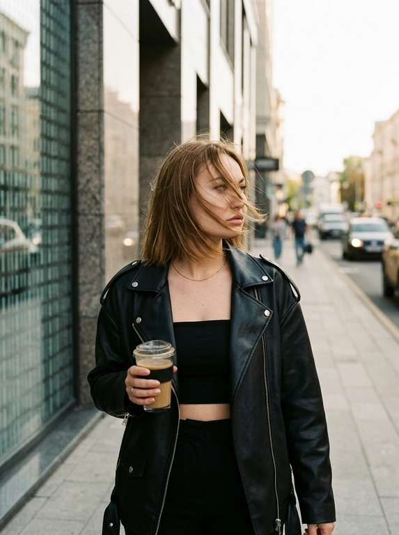 Фотореалистичный цветной кадр, как стоп-кадр. Женщина идёт вдоль городского тротуара, параллельно фасаду здания. Плечи развёрнуты ровно к камере. Правая рука опущена вдоль тела, левая держит стакан кофе на уровне груди. Волосы уводит ветром вправо, часть прядей пересекает лицо. Взгляд направлен вправо. Одежда: чёрный короткий топ без бретелей, чёрный оверсайз-пиджак, чёрные брюки. Слева расположен красивый современный городской фасад с аккуратной архитектурой, справа — мягко размытая улица и машины. Свет тёплый, кинематографичный, слегка приглушённый. Заниженная экспозиция, низкая контрастность, мягкий film look, лёгкая дымка, без HDR, без clean digital. Снято на плёночный фотоаппарат.