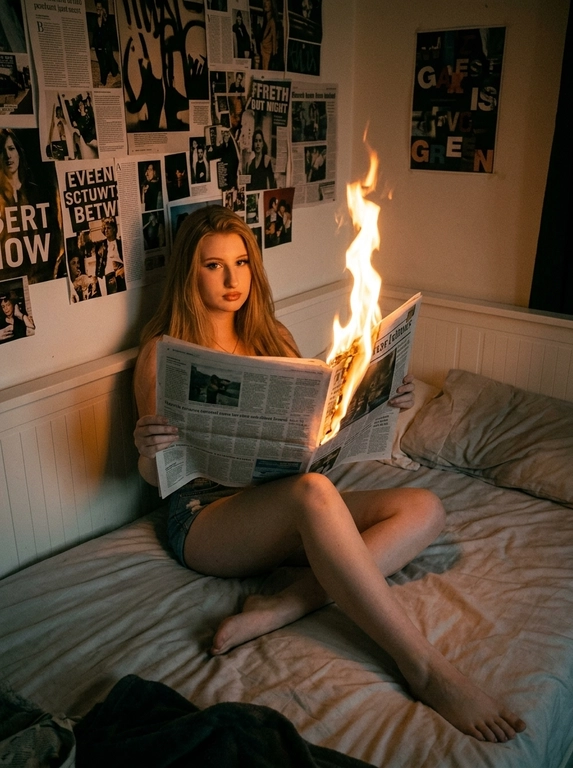 Фотореалистичный фронтальный bedroom-shot в тёплой приглушённой вечерней атмосфере. Женщина расслабленно сидит босиком на неубранной кровати, облокотившись на стену спиной, одна нога согнута, другая нога вытянута, естественная поза. На ней короткие джинсовые шорты и открытый верх без акцента на одежде. Она держит перед собой раскрытую газету, середина и правый край газеты охвачен высоким ярким пламенем. Девушка смотрит прямо в камеру с спокойным, слегка отстранённым выражением лица. Снято с фронтального верхнего ракурса. Небольшая спальня с белой стеной, на стене хаотично развешаны постеры и вырезки, мягкое зерно, эстетика пленочной фотографии 2000-х, low light, низкая экспозиция, warm tungsten lighting, cinematic shadows, moody, candid, домашняя атмосфера, натуральная кожа, мягкий фокус, сильное пленочное зерно, вертикальный кадр.