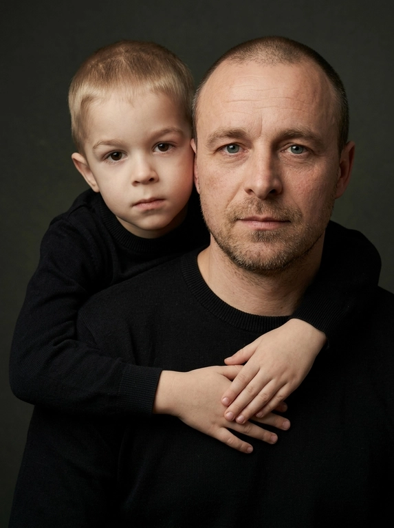 Создай портретный студийный кадр из фотосессии отца и сына. Сын обнимает отца сзади, лежа подбородком на его плече, руки мягко сомкнуты на груди мужчины. Оба смотрят прямо в камеру. Естественные спокойные эмоции, лёгкая серьёзность во взгляде.
Одежда — однотонные чёрные лонгсливы или свитера без принтов. Тёмный нейтральный фон (глубокий серо-оливковый или графитовый). Мягкий направленный студийный свет с лёгкой теневой глубиной, акцент на лицах, тёплая естественная цветокоррекция, высокая детализация кожи, натуральная текстура без излишней ретуши.
Кадр — крупный или средний план, плотная композиция, лица расположены близко друг к другу. Атмосфера — тёплая, камерная, эмоциональная, ощущение близости и доверия. Профессиональная съёмка, 85mm lens, shallow depth of field, cinematic portrait, ultra realistic.