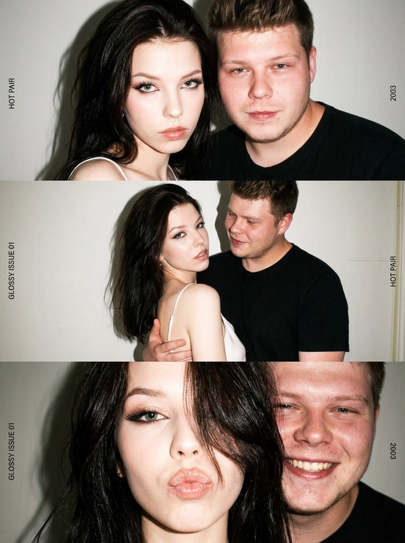 Вертикальный триптих-коллаж из трёх кадров в эстетике глянцевых журналов 2000-х и Y2K. В кадре мужчина и женщина позируют на нейтральном светлом фоне. Жёсткая фронтальная вспышка создаёт резкие тени на стене позади и лёгкий пересвет кожи, характерный для цифровых камер начала 2000-х.
У женщины объёмная укладка, волосы уложены на брашинг. Макияж — «лисичий» взгляд, длинные выразительные ресницы, подчеркнутые внешние уголки глаз, глянцевые губы. Атмосфера — гламурная, слегка дерзкая, как в поп-культуре начала 2000-х.
Кадры коллажа:
Верхний кадр — крупный план. Мужчина и женщина стоят очень близко к камере, почти заполняют весь кадр. Они смотрят прямо в объектив с серьёзным, уверенным выражением лица. Резкая вспышка создаёт плотные тени за их фигурами на стене.
Средний кадр — средний план. Женщина развёрнута корпусом в сторону, голова кокетливо повернута к камере. Прядь волос частично закрывает часть лица. Мужчина стоит позади и обнимает её за талию, смотрит на девушку.
Нижний кадр — очень крупный план. Лицо женщины почти вплотную к камере. Волосы уложены на бок и закрывают левый глаз. Она делает губы «бантиком» и смотрит прямо в объектив. Рядом мужчина, он улыбается.
Минималистичная композиция, крупные и средние планы. Винтажная цифровая текстура, лёгкая мягкая размытость, характерная для камер начала 2000-х, глянцевая Y2K атмосфера.