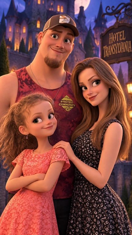 Перерисуй людей с приложенного фото как оригинальную иллюстрацию в стилистике: в мультфильме монстры на каникулах . Сохрани узнаваемую внешность каждого человека — черты лица, причёску, цвет волос, телосложение; одежду адаптируй под стиль. Подбери выразительные позы и мимику, типичные для такой анимации.