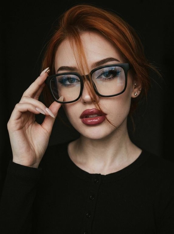 Максимально реалистичная фотография, темная винтажная эстетика в стиле dark glam glasses selfie, атмосферный ночной портрет.
Крупный портрет (Close-Up Portrait), кадр по грудь. Модель делает селфи, телефон не видно. Лицо занимает большую часть кадра, слегка повернуто вполоборота к камере. Голова немного наклонена. Взгляд направлен прямо в объектив, выражение спокойное, уверенное и притягательное. Губы слегка приоткрыты. Одна рука поднята к лицу и аккуратно касается оправы очков, словно поправляя их.
Макияж: Безупречный dark glam makeup. Ровный сияющий тон кожи, четко оформленные темные брови, длинные густые ресницы, тонкая стрелка, мягкий контуринг. Губы розово-винного оттенка с влажным глянцевым финишем.


Аксессуары: Крупные черные очки с прозрачными линзами и массивной квадратной оправой. На линзах заметны мягкие отражения света. Маленькие серьги-гвоздики. Длинный миндалевидный маникюр молочно-бежевого оттенка.

Одежда: Черный лонгслив с глубоким вырезом и небольшими пуговицами спереди. Темная ткань почти сливается с фоном, сохраняя видимую текстуру и силуэт.

Локация: Фон полностью черный.

Освещение: Мягкий приглушенный свет спереди и немного сбоку, словно от экрана телефона. Свет деликатно подсвечивает лицо, очки, губы, пальцы и ногти, оставляя волосы и одежду в глубоких тенях.

Камера: Реалистичное селфи высокого качества, RAW photo, натуральная перспектива смартфона, высокая детализация лица и аксессуаров.

Глубина резкости: Небольшая. Лицо, очки, губы и рука находятся в фокусе, фон растворяется в мягкой темноте.

Кожа: Реалистичная текстура кожи с видимыми порами, естественными переходами света и тени, без эффекта пластика и чрезмерной ретуши.

Детали: Блики на линзах очков, влажный блеск губ, отдельные волоски и пряди на лице, текстура ткани, отражения света на ногтях, легкое пленочное зерно.

Атмосфера: Загадочный ночной вайб, уверенность, женственность, винтажная эстетика, ощущение случайного красивого селфи в темноте.

Какая будет прическа?: Волосы перекинуты на одну сторону. Несколько тонких прядей проходят через щеку и губы, создавая живой эффект движения. Видна естественная текстура и мягкий блеск.