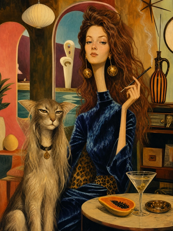 use this fhoto. 

Выберите стиль: Surreal mid-century editorial illustration of an eccentric version of the person in the photo and a animal (an animal that matches my vibe) inside a stylish Location, elongated proportions, exaggerated narrow faces, deadpan expressions, oversized accessories, bizarre fashionable atmosphere, painterly brush textures, distorted anatomy, subtle lowbrow surrealism, sophisticated absurdity, vivid retro color palette, expressive oil-painted strokes, fashionablevintage clothing, dramatic