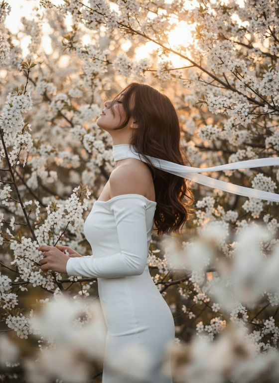 A woman standing among dense white blooming branches.
Same pose, same angle, same framing as reference.
Side profile, body turned away, head tilted back upward toward the light, eyes closed.
Framing from mid-thigh to head, vertical 9:16.
Camera slightly below eye level, 85mm look.

Hair (CRITICAL):
Loose hair with a side part, thick and voluminous, soft natural waves.
One front strand falls across the face and is slightly blown by the wind.

Clothing:
Long white fitted dress with long tight sleeves and off-shoulder design (bare shoulders).

Accessory (CRITICAL):
A thin white ribbon scarf around her neck, very light fabric.
The ribbon flows in the wind and extends across the frame.

Flowers (CRITICAL):
Dense white blossoms surrounding the subject exactly like the reference.
Foreground flowers heavily blurred, partially covering bottom and right side.
Background filled with soft white blossoms and warm bokeh.

Lighting:
Golden hour sunlight from top right, strong warm backlight, glowing rim light on hair and shoulders, sun visible through branches.
Shallow depth of field, subject sharp, foreground/background soft.
Warm cinematic tones, soft highlights, photorealistic, high detail.