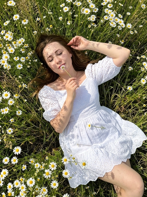 Shot on iPhone 16 Pro Max, phone is not visible in the frame.
Ultra-realistic smartphone photo, no flash, no CGI, no Al look, realistic pores and skin texture. woman lying in a dense chamomile field. Camera positioned directly above her in an almost perfectly vertical top-down angle. Full-body composition from head to knees. Body placed diagonally: head toward the upper left corner, legs toward the lower right.
Surrounded by hundreds of white chamomile flowers. Eyes closed, soft relaxed half-smile. One hand raised to her face, gently holding a chamomile stem so the flower touches her lips.
Calm, poetic atmosphere. Hair spread around her head across the grass and flowers, with a few loose strands on the cheeks and forehead. Ultra-short romantic white peasant-style dress with oversized off-shoulder puff sleeves, square neckline with front ties, voluminous layered skirt, textured broderie anglaise cotton. The skirt is lifted slightly by a gentle breeze.
Open shoulders, collarbones and legs visible. A fallen chamomile flower rests on the dress. Bright sunny daylight creates lace-like shadows from flowers and stems across the dress, face, arms and legs. Entire frame filled with chamomile flowers, green stems and wild grass. Natural iPhone colors, rich greens, clean whites, warm daylight, slightly increased contrast.
Pinterest countryside editorial aesthetic.
