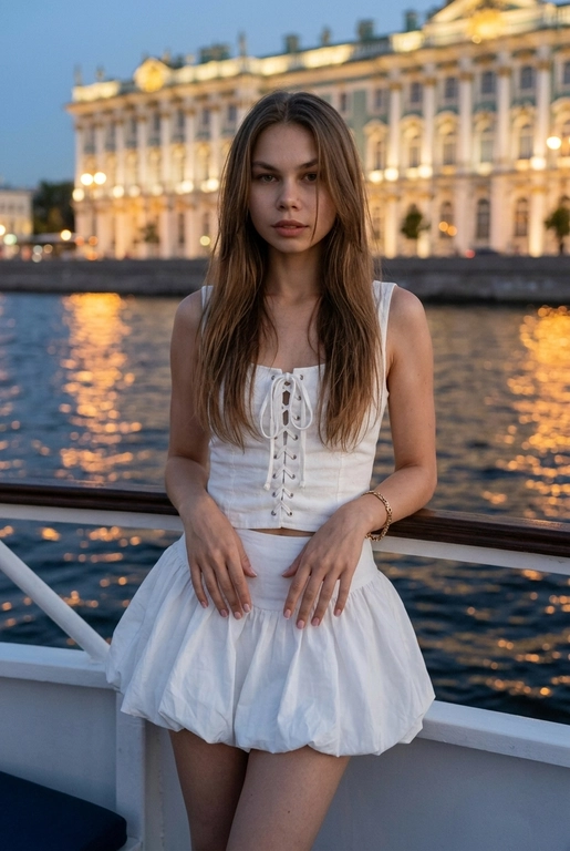 Не изменяй внешность девушки с фото. На фотографии изображена молодая  женщина, стоящая на палубе судна, вероятно, во время вечерней речной прогулки.Женщина одета в комплект белого цвета, состоящий из топа без рукавов с декоративной шнуровкой спереди и объемной, короткой юбки с воланами.Волосы длинные, объемные, несколько прядей западает на лицо. Маникюр аккуратный, Френч, короткий квадрат, заметен золотой браслет. Женщина стоит, опершись руками на бортик судна.На заднем плане видна водная гладь, в которой отражается ночное освещение, и подсвеченное здание классической архитектуры. Судя по стилю архитектуры и освещению, кадр может быть сделан в Санкт-Петербурге на фоне набережной реки или канала.Освещение на фотографии вечернее, мягкое, от источников света на берегу и самом судне.Ультрареалистичный дорогой лайфстайл снимок. Высокая детализация кожи. Живое фото, без ретуши на лице.