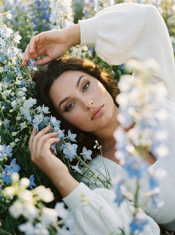 Экстремально крупный, кинематографичный портрет лица человека, лежащего среди густых полевых цветов, камера максимально близко — в кадре преимущественно лицо, черты сохранены без изменений, вокруг море цветов, создающее ощущение мягкого природного кокона, одна рука изящно поднята над головой, вторая мягко касается цветов рядом, на переднем плане сбоку частично размытые, не в фокусе цветы добавляют глубину и лёгкое ощущение движения, одета в летнее белое вязаное платье с объёмными рукавами, мягкая текстура ткани едва читается, естественный мягкий свет подчёркивает кожу и блики в волосах, малая глубина резкости, художественное боке, атмосферный кадр с деликатным плёночным зерном.



Какие будут цветы?: Цветы нежно-голубых, синих и белых оттенков.