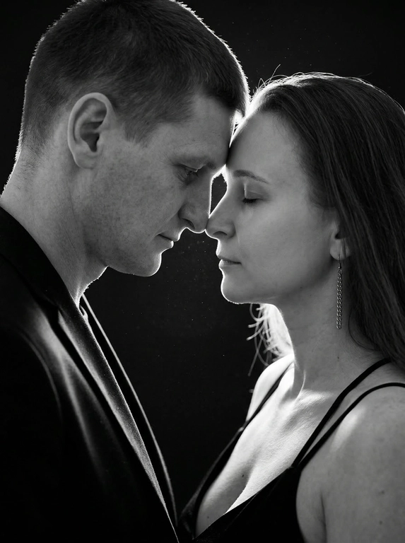 Фотореалистичный чёрно-белый кинематографичный портрет пары в тёмной студии. Сохранить внешность по загруженным фото: черты лица, пропорции, возраст, форму глаз/носа/губ, текстуру кожи и естественную мимику — без идеализации и изменений.
Крупный план по пояс, профиль к профилю. Мужчина слева, женщина справа. Они стоят очень близко, лбы и кончики носов почти соприкасаются, момент «перед поцелуем». Взгляд опущен (не в камеру): он смотрит вниз/на её губы, она закрывает глаза или смотрит вниз, выражение тихое и нежное. Между ними минимальная дистанция, без улыбок, атмосфера интимная и спокойная.
Мужчина в тёмной рубашке/пиджаке. Женщина в чёрном платье/топе на тонких бретелях, открытые плечи, серьга-цепочка, кожа с естественным бликом.
Свет: жёсткий контровой/рисующий свет сзади и чуть сбоку (rim light), сильная световая окантовка по волосам и профилям, передняя часть лица в мягкой полутени. В воздухе видны мелкие пылинки/частицы, подсвеченные контровым светом, лёгкий кинематографичный дым/хейз (очень деликатно). Фон полностью чёрный, без деталей.
Оптика/съёмка: 85mm, f/1.8-2.2, малая ГРИП, резкость на линии нос-лоб, остальное плавно уходит в мягкое боке.
Высокий контраст, глубокие чёрные, яркие хайлайты по волосам, плёночное зерно, лёгкий glow на контуре, без «пластика» и без пересвета на коже.