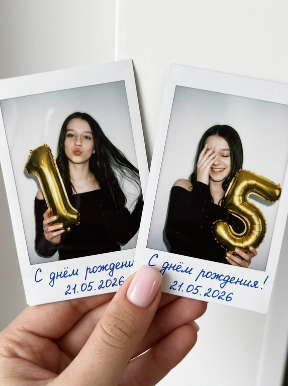 Создай гиперреалистичный  портрет, не меняя черты лица. Крупный план: женская красивая рука с аккуратным светлым квадратным маникюром держит две фотографии полароид на белом фоне. На снимках изображена женщина в черном топе с открытыми плечами. На левом фото она держит золотистый воздушный шар в форме цифры и делает «губы уточкой», на правом — держит шар в форме цифры и нежно улыбается, закрывая лицо рукой. На каждой фотографии снизу дата ручкой на русском языке "С днём рождения!"
Эстетика моментального фото, мягкие тени, зернистость пленки, яркая вспышка, праздничное настроение.Гиперреализм. Высокая детализация.

Цифры на шарах: Цифра на левом шаре 1 на правом 5

Дата: Дата снизу снизу 21.05.2026