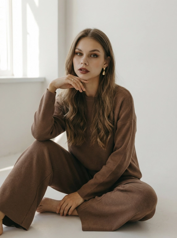  

На изображении молодая женщина, одетая в коричневый костюм из брюк и кофты с длинными рукавами. Она сидит на полу, поджав под себя ноги. Её правая рука согнута в локте и поднята к лицу, кончики пальцев касаются подбородка. На пальце надето тонкое кольцо. Левая рука согнута в локте и опирается на колено. У женщины длинные волнистые каштановые волосы, уложенные на одну сторону. На ней макияж: подчеркнутые глаза с подводкой, тени и накрашенные губы. В ушах золотые серьги в форме капли. Фон нейтральный, белый.
