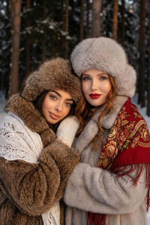 Создай кадр, который представляет собой теплый, уютный, слегка ностальгический зимний портрет в фэшн/фолк-стиле. Атмосфера спокойная, элегантная, дружеская близость двух моделей; сочетание высокой моды (мех, профессиональная ретушь) и фольклорной эстетики (вышитый шарф). Композиция и позирование: Форма кадра: портретный, вертикальный (соотношение примерно 3:4). Расположение: две женщины в центре кадра, тела и головы видны на груди; правая модель немного ближе к камере. Позы: девушки стоят близко друг к другу, левая модель слегка опирается на правую; плечи слегка повернуты к камере. Взаимодействие: мягкая улыбка, закрытое выражение лица, взгляд в камеру; дружелюбный, уверенный тон. Лица и макияж: Кожа: гладкая, естественная текстура, легкий эффект сияния. Глаза: аккуратные блики – оживляют взгляд; нейтральный/теплый макияж теней. Брови: естественная форма, слегка очерчены. Губы: у правой модели насыщенный матовый красный (центральный акцент), у левой – нежно-розовый нюдовый. Волосы: свободные пряди вокруг лица, несколько прядей с легкой волной для естественности. Шапки: большие пушистые меховые шапки с очень четко выраженной текстурой меха; справа – светло-серый мех, слева – коричневый мех. Форма: высокие, округлые, плотно сидят на голове, частично закрывают лоб – создают силуэт и рамку для лица. Верхняя одежда и текстуры: меховые пальто: густой натуральный мех у левой модели коричневый, у правой модели – светло-серый тон с видимым направлением волосков; богатая текстура и объем. У девушки справа на правом плече маленький платок с традиционным русским орнаментом – яркие цветы и листья, на фоне глубокого красного цвета с золотисто-терракотовыми, зелеными деталями; Тонкая бахрома ниспадает на ее плечо. У девушки слева на левом плече небольшой вязаный белый шарф с крупным ажурным узором, что добавляет контраста в текстуре и цвете. Окружение и фон: Лес: темные хвойные деревья, вертикальные силуэты стволов; снег на земле/вдали — размытый фон (боке).