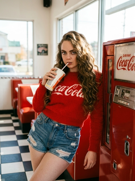 Фотореалистичная lifestyle-fashion съёмка в американской закусочной в стиле 90s retro diner. Модель стоит у ярко-красного автомата с напитками, слегка прислонившись плечом к корпусу. Одна рука поднята к лицу и держит высокий бумажный стакан с трубочкой, вторая расслабленно лежит на талии. Корпус слегка подан вперёд, одно бедро выведено в сторону, создавая красивую S-линию тела. Голова немного наклонена вниз, взгляд исподлобья прямо в камеру, уверенный и притягательный. На ней объёмный пушистый свитер насыщенного красного цвета с крупной винтажной надписью в стиле Coca-Cola, светлые джинсовые шорты с высокой посадкой, потёртостями и необработанным краем, тонкий чёрный ремень.  Макияж мягкий glamour: выразительные ресницы, идеально оформленные брови, лёгкий контуринг, натуральный румянец, сияющая кожа, губы с деликатным сатиновым финишем. Интерьер выполнен в красно-белой палитре: клеточная плитка, большие окна, винтажная атмосфера американского дайнера. Тёплый солнечный свет проникает через окна, смешиваясь с мягким интерьерным освещением, создавая уютные блики на волосах и коже. Реалистичная текстура кожи с видимыми порами, высокая детализация ткани, объёмный ворс свитера, естественные тени и свет. Премиальная fashion-фотография для рекламной кампании одежды, высокая детализация, кинематографичная цветокоррекция с тёплыми красными и карамельными оттенками.

Какая будет укладка?: Волосы густые, объёмные, уложены крупными естественными волнами, свободно ниспадают на плечи и спину.