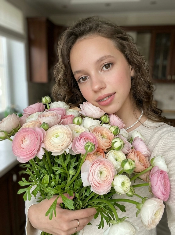 Портрет женщины в стиле «цветочного селфи» — модель держит перед собой огромный букет цветов, частично скрывающий её тело, но оставляющий лицо открытым. Ракурс — крупный план, снятый на уровне глаз или чуть ниже, камера направлена прямо на модель, создавая эффект личного взгляда зрителя в глаза героини. Поза расслабленная, естественная: женщина слегка наклоняется к цветам, подбородок опирается на верхнюю часть букета, взгляд прямой, мягкий, с легкой улыбкой — выражение лица: спокойствие, удовлетворенность, внутренняя гармония, как будто она только что получила этот подарок и наслаждается моментом. Букет: более 30 крупных цветов; некоторые цветы полностью раскрыты, другие — еще в бутонах, создавая объем и динамику. Зеленые стебли и листья свежие, сочные, с видимыми прожилками и естественным блеском; букет плотно собран и занимает нижнюю половину кадра. Топ нейтрального цвета, который не отвлекает внимание от цветов и лица. Фон — размытый интерьер помещения, возможно кухня или гостиная: видны темные стены или шкафы, светлая столешница или подоконник внизу кадра; глубина резкости малая (боке), фон теряет детали, чтобы акцентировать внимание на лице модели и цветах. Освещение — естественный дневной свет, падающий слева или спереди, создает мягкие тени на правой стороне лица и тела, подчеркивает объем цветов и текстуру лепестков; видны блики на глазах, губах и глянцевых поверхностях листьев. Нет резких контрастов — свет равномерный и flattering для портрета. Обработка и стиль: фильтр «soft floral natural» — легкое размытие фона (боке) для усиления глубины; добавление микро шума для эффекта пленки Kodak Portra 400; усиление контраста в области лица и цветов, чтобы выделить детали кожи и лепестков. Цветокоррекция сбалансированная.  Эмоциональный тон — радость, благодарность, женственность, ощущение момента «счастье в мелочах» — простое, но глубокое удовольствие от красоты природы и внимания. Дополнительно: добавить детали — блики на глазах и губах, отражение света в лепестках и листьях, легкие складки ткани на одежде, текстуру кожи с мельчайшими порами, едва заметную пыль в воздухе для объема. Композиция — правило третей, лицо модели смещено вправо, букет занимает левую и нижнюю часть кадра, создавая визуальный баланс. Стиль — эстетика Instagram-фотографий 2020-х, смесь lifestyle и portrait photography, с акцентом на эмоции, натуральность и красоту повседневных моментов.


Какие будут цветы?: Ранункулюсы