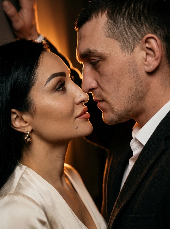 Создай тёмный, высококонтрастный кинематографичный кадр из fashion-фильма.
Фотореалистичный, интимный, чувственный — НЕ иллюстрация, НЕ глянцевая бьюти-съёмка.

Композиция:
Экстремально крупный план.
Оба лица доминируют в кадре.
Персонажи расположены лицом друг к другу на минимальном расстоянии.
Губы почти соприкасаются, но не касаются друг друга.
Свободного пространства между ними практически нет.
Женщина находится слева, мужчина справа.
Камера на уровне глаз, очень близко.
Кадр ощущается тесным, клаустрофобным и эмоционально напряжённым.

Поза и химия (КРИТИЧЕСКИ ВАЖНО):
Сильное физическое и эмоциональное напряжение.
Мужчина намеренно наклоняется ближе.
Его рука поднята и расположена за женщиной, создавая ощущение замкнутого пространства вокруг неё.
Женщина слегка приподнимает голову вверх.
Оба удерживают непрерывный зрительный контакт.
Выражения лиц напряжённые, уязвимые, эмоционально заряженные.
Пойманный момент ощущается как последняя секунда перед поцелуем.
Явная химия, желание и близость — сдержанные, но сильные.

Сильная эмоциональная связь и близость.
Женщина слегка приоткрывает губы.
Рот мягко приоткрыт, расслабленно и естественно — без постановочности.
Её взгляд тёплый, нежный и наполненный привязанностью.
Она смотрит на мужчину с любовью, доверием и эмоциональной открытостью.
Взгляд слегка смягчён, нижние веки расслаблены.
Выражение интимное, уязвимое, передающее глубокую эмоциональную связь.
Мужчина наклоняется ближе намеренно и бережно.
Момент ощущается личным и эмоциональным, а не агрессивным.
Между ними явно чувствуется романтическая связь и химия.

Освещение (КРИТИЧЕСКИ ВАЖНО):
Общая экспозиция затемнённая.
Основной источник света — очень тёплый, приглушённый вольфрамовый свет или свет, напоминающий пламя свечи.
Сильный контровой свет расположен между персонажами и позади них.
Контровой свет создаёт чёткое свечение по контурам профилей лиц.
Лица частично освещены только мягким отражённым светом.
Без фронтального ключевого света.
Тени глубокие и драматичные, подчёркивающие структуру лиц.
Светлые участки концентрированные и светящиеся.
Края лиц растворяются в темноте.
Освещение выглядит естественным, практическим и кинематографичным.

Контраст и экспозиция:
Высокий контраст.
Более глубокие чёрные оттенки.
Сильное разделение между светлыми участками и тенями.
Без плоских средних тонов.
Световые блики на коже сияют на фоне тёмного окружения.
Без потери деталей в глубоких тенях.

Цветовая палитра:
Доминирующие оттенки: глубокий янтарный, жжёный оранжевый, тёплое золото.
Фон переходит в тёмно-коричневые и почти чёрные оттенки.
Тона кожи остаются тёплыми и светящимися.
Без холодных оттенков.
Без нейтрального серого цвета.

Одежда и материалы:
Женщина:
– Атласное платье оттенка слоновой кости или мягкого кремового цвета
– Матовая сатиновая текстура
– Естественные складки и драпировка
– Ткань мягко ловит тёплые световые блики

Мужчина:
– Тёмный приталенный жакет из матовой шерсти
– Чёткая белая хлопковая рубашка
– Видимая натуральная текстура ткани
– Без блеска и синтетического глянца

Аксессуары:
– Женщина носит элегантные серьги золотистого оттенка
– Украшения деликатно отражают тёплый свет
– Минималистично и утончённо

Кожа и макияж (ВАЖНО):
Кожа выглядит более гладкой и ровной.
Высококлассная кинематографичная ретушь.
Без видимых дефектов кожи.
Естественная текстура кожи сохранена.
Без пластикового эффекта.
Без чрезмерного размытия.
Макияж остаётся минималистичным и реалистичным.
Лёгкий блеск на губах.
У мужчины заметна лёгкая щетина.

Камера и объектив:
Полнокадровая кинокамера.
Объектив: 50 мм или 65 мм.
Диафрагма: f/1.8–f/2.0.
Очень малая глубина резкости.
Глаза и губы находятся в чётком фокусе.
Края мягко растворяются в темноте.
Низкое ISO.
Тонкое естественное плёночное зерно.

Постобработка и цветокоррекция:
Тёмная кинематографичная цветокоррекция.
Тёплые световые акценты, очень глубокие тени.
Лёгкое плёночное зерно.
Мягкое свечение ярких участков.
Без усиления микроконтраста.
Без цифрового повышения резкости.
Изображение выглядит как кадр из драматичного артхаусного романтического фильма.

Настроение и стиль:
Тёмный.
Чувственный.
Интимный.
Эмоционально напряжённый.
Сильная химия.
Роскошный кинематографичный реализм.
Эстетика fashion-фильма.
Только фотографический реализм.
Без иллюстрации.
Без артефактов ИИ.