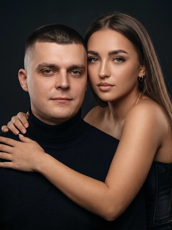 Гиперреалистичный студийный fashion-портрет молодой пары по загруженному референсу, 100% сходство лиц. Черты лица не изменять. Крупный план, кадр по плечи. Мужчина, спокойный уверенный взгляд прямо в камеру, естественное выражение лица, одет в черный трикотажный свитер с высоким воротом. Женщина стоит позади мужчины и нежно обнимает его, ее руки лежат на его плечах. Ее лицо расположено рядом с его лицом, она повернута слегка боком, голова немного наклонена вперед, взгляд направлен прямо в камеру. У женщины выразительные глаза с длинными густыми черными ресницами, естественный clean-glam макияж, натуральные брови, теплый оливковый оттенок кожи, небольшие серьги-кольца. Композиция плотная и интимная, их лица расположены очень близко друг к другу, современный модный портрет пары. Женщина одета в черный корсет. Кожа максимально натуральная: живая текстура кожи, видимые микропоры, subtle skin glow, естественный мягкий блеск кожи, natural skin microtexture, skin translucency, micro skin details, легкие естественные несовершенства кожи, без ретуши и без эффекта пластика. Освещение: мягкий студийный beauty lighting, рассеянный ключевой свет спереди и немного сбоку, мягкие глубокие тени для объема лица, деликатные световые блики на коже. Фон: глубокий темный студийный фон, темно-графитовый или почти черный, создающий контраст с кожей и лицами. Стиль: luxury fashion editorial photography, high fashion portrait, ultra photorealistic, 85mm portrait lens, shallow depth of field, creamy bokeh, cinematic soft lighting, RAW photo, extremely detailed, fine hair strands, natural skin pores, professional photography, photorealism, 8k, high dynamic range.