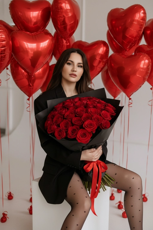 Создай крупный портрет, не меняя черты лица. Эстетичный снимок в стиле высокой моды (Vogue). В центре композиции - девушка, сидящая на белом кубе, она держит огромный пышный букет в черной матовой крафтовой бумаге с красной лентой. Девушка одета в оверсайз черный жакет (блейзер) и тонкие черные капроновые колготки с мелким принтом в виде красных сердечек.  Безупречный макияж. На заднем плане — минималистичный светлый интерьер, заполненный множеством парящих красных фольгированных шаров в форме сердец на тонких лентах. Освещение мягкое, студийное, создающее легкие блики на глянцевой поверхности шаров и подчеркивающее текстуру цветов.

Стиль и качество: Кинематографичный кадр, гиперреализм, высокая детализация тканей и лепестков.
Глубокий контраст между насыщенным красным цветом и строгим черным цветом одежды. Камера на уровне глаз, объектив 35mm, f/2.8. Огромный и пышный букет из красных бархатистых роз