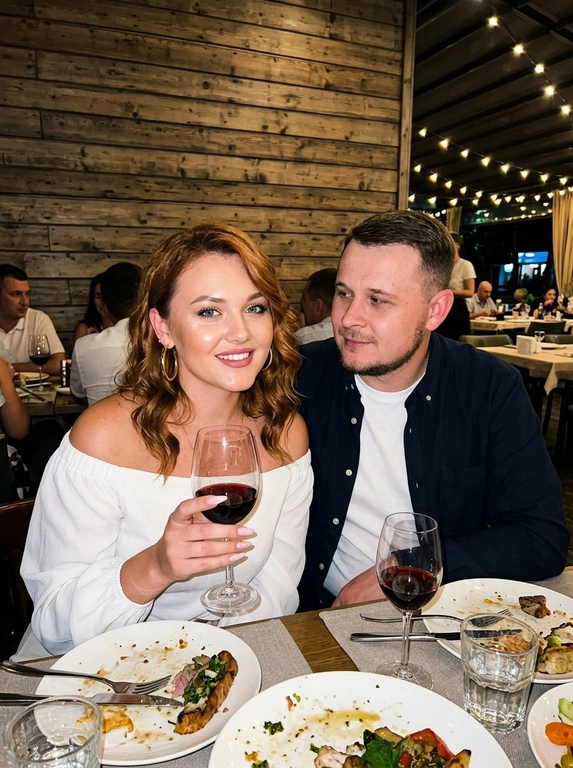 Не меняя внешность.  вечерний ресторан. Девушка сидит за столом с бокалом вина и улыбается в камеру, рядом мужчина. На столе еда и бокалы, на фоне деревянная стена и гости.
Образ женщины:  волнистые волосы, сияющая кожа, естественный глам-макияж. Белый топ с открытыми плечами, крупные серьги, длинный светло-розовый маникюр.
Образ мужчины: стильный smart-casual — тёмная рубашка или пиджак с белой футболкой.
Свет и стиль: прямая вспышка, высокий контраст, ночная lifestyle-эстетика. Съёмка 35–50 мм, резкий фокус на лицах, лёгкое плёночное зерно, фотореализм.