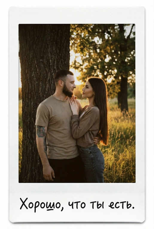 Портрет пары в мягком золотом вечернем свете, они влюбленно смотрят друг на друга у дерева, спокойный, тёплый, естественный. Ее рука у мужчины на плече. Фото оформлено в виде полароидного снимка: белые широкие поля, характерная матовая текстура, лёгкая виньетка, зернистость. На нижнем поле — короткая надпись маркером рукописным шрифтом. Текст на полароиде: Хорошо, что ты есть.