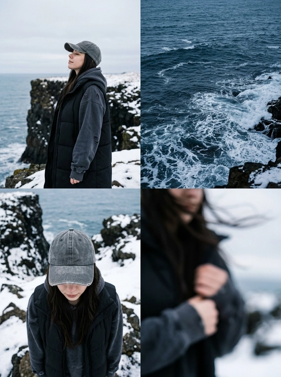 Создай коллаж из 4 фотографий одного размера, добавляя детали крупным планом. 2 кадр — это общий крупный план океана. 4 кадр — с эффектом размытия, фото немного смазано. Во всех фото разный угол съёмки и разный ракурс. 3 кадр — снят под углом сверху, крупным планом видно кепку. 1 кадр — кинематографичный средний план, профильный ракурс: персонаж стоит на краю заснеженного утёса, на человеке оверсайз выцветшее тёмно-серое худи со стильными рваными участками и капюшоном и чёрная длинная дутая жилетка с высоким воротником. На голове серая потертая кепка. Глаза закрыты, выражение спокойное и умиротворённое, персонаж вдыхает океанский воздух. На фоне — драматичные тёмные зазубренные вулканические скалы и бурные тёмно-синие океанские волны, разбивающиеся о камни, пасмурное мрачное небо, мягкое рассеянное освещение, атмосферное настроение. Холодная цветовая палитра, приглушённые тона, снято на камеру 35 мм, высокое разрешение, фотореализм, стиль тревел-фотографии, глубина резкости. -ar 9:16 -v 6.0