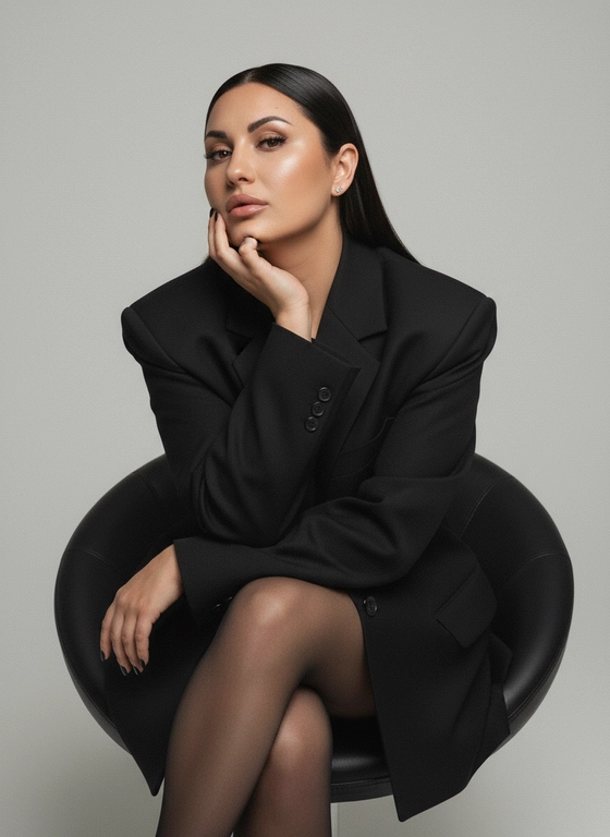 меняй черты лица студийный экстремально близкий портрет девушки
Девушка одета в черный пиджак оверсайз с объемными плечами. Черные плотные капроновые колготкИ.
Поза её: она сидит на кожаном черном кресле круглом. Нога на ногу, одна рука опущена, а другая держит ладонью подбородок. Голова немного наклонена
Её волосы блестящие прямые и убраны назад за уши
Макияж легкий красивый, пышные ресницы, сияющая кожа, ногти чёрные короткие Фон фотографии студийный серо-белый.
Студийный свет с небольшим затемнением
Легкая зернистость
Формат 9:16
