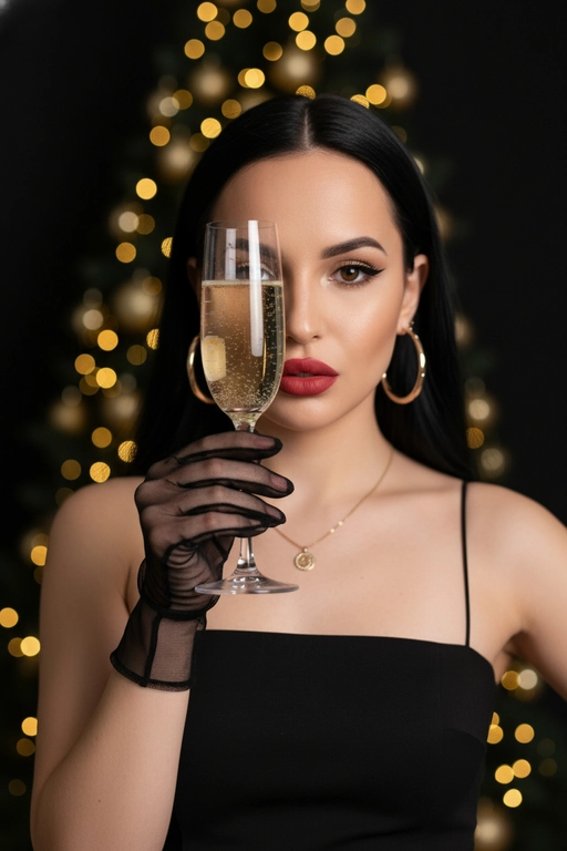 Гиперреалистичный студийный портрет женщины в новогоднем luxury-стиле. Кадр по грудь. Женщина держит узкий бокал с шампанским строго напротив одного глаза (правого или левого), так что стекло полностью перекрывает один глаз, второй глаз открыт и чётко смотрит прямо в камеру. Бокал смещён в сторону от центра лица, не по центру. Через бокал видны пузырьки шампанского. Композиция асимметричная, акцент на контраст между открытым глазом и глазом за стеклом. Взгляд в камеру сквозь бокал шампанского. 

Макияж: идеально выровненный тон кожи, чёткие брови, мягкие золотисто-коричневые тени, чёрные стрелки, яркая матовая красная помада. На ушах крупные золотые серьги-кольца, на шее золотая тонкая целочка с круглым кулоном. 

Одежда: чёрное минималистичное платье на тонких бретелях, прямой вырез. На руке короткая прозрачная чёрная сетчатая перчатка, с рюшами на запястье. Поза прямая, уверенная, взгляд холодный, статный, строго в камеру.

Фон: тёмный студийный фон, за спиной размытая новогодняя ёлка с крупными тёплыми золотыми огоньками боке. Атмосфера роскоши, вечеринка, шампанское, вечер.

Освещение: мягкий ключевой свет спереди, подчёркнутые блики на стекле бокала, губах и коже, лёгкий контровой свет по краю плеч и головы. Глубина резкости малая, фон сильно размыт.

Стиль: high fashion beauty portrait, luxury editorial, cinematic lighting, ultra realistic, sharp focus on open eye and glass, 8k, magazine cover quality.