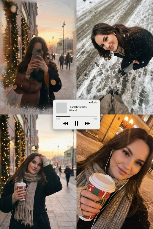   Многопанельный коллаж в стиле зимнего постера, передающий рождественскую атмосферу улицы, снятый как спонтанная фотография на iPhone. Сцена выглядит естественной, уютной и реалистичной: мягкий снегопад, тёплые отражения в окнах и едва заметная аналоговая зернистость создают праздничное, но сдержанное рождественское настроение. Все кадры объединены единым визуальным образом и ощущением зимнего уюта. 
 
В верхнем левом кадре — отражающая витрина магазина на закате. Слабые рождественские огни и матовые края стекла окружают человека, который держит телефон, частично закрывающий лицо. Тёплые блики света, гирлянды, уличные огни и проходящие силуэты создают мягкое размытие и многослойные отражения в стекле с естественным искажением кривизны. 
 
В верхнем правом кадре — крупный план, снятый сверху вниз, на заснеженном тротуаре или возле рождественского рынка. Человек небрежно наклоняется вперёд, создавая ощущение движения и спонтанности. Падающий снег формирует лёгкое размытие, а поверхность земли слегка искажается в зависимости от ракурса объектива, усиливая эффект съёмки с рук, без постановки. 
 
Нижний правый кадр — интимное селфи, сделанное сверху при тёплом уличном или кафешном освещении. В руках — праздничный напиток на вынос (кофе или глинтвейн), заметны проводные наушники. Детали хорошо проработаны, а мягкая зернистость усиливает ностальгическое рождественское настроение. 
 
В центре коллажа расположен минималистичный мини-плеер в стиле Apple Music, отображающий популярную рождественскую песню (например, «Last Christmas» или «All I Want for Christmas Is You»), выполненный в плоском, чистом дизайне без теней. 
 
Цветовая палитра тяготеет к тёплым янтарным, мягким красным, сосново-зелёным и приглушённым зимним серым тонам, создавая атмосферу праздничной близости, визуальной теплотой и эмоциональной узнаваемости — без ощущения постановки или футуризма.