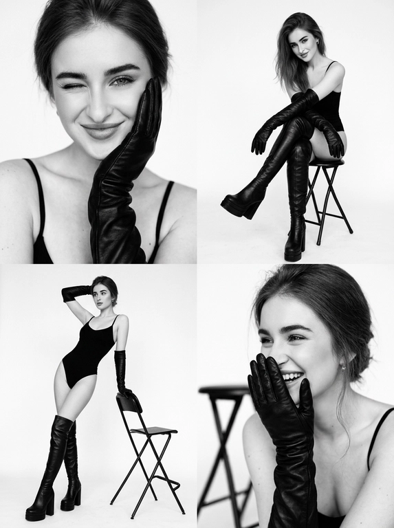 Черно-белая фотография представляет собой серию 4-х кадров в стиле модной фотосессии, объединенных общей темой. 
Обстановка: Минималистичная студия с белым или светло-серым фоном. В некоторых кадрах видна складная черная табуретка.
Атмосфера: Смесь игривости и соблазнительности. Общая цветовая гамма монохромная, в основном черный и белый, с приглушенными оттенками серого. Освещение мягкое, создающее легкие тени.
Одежда и позы:
  Женщина одета в черный боди с тонкими бретелями.
  На ней надеты высокие черные кожаные сапоги на платформе.
  На руках длинные черные кожаные перчатки.