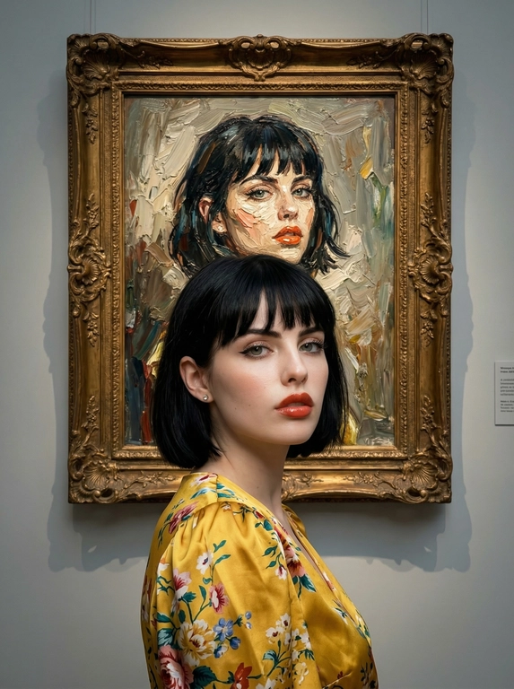 Создай не меняй лицо :Используя представленные фото не меняя чёрт лица создай фотографию коммерческого качества, на которой позирует в выставочном зале престижного музея. Макияж, длинные ресницы, окуратные стрелки блеск на губах. Сходство 100%, в ушной мочки — небольшая серьга‑гвоздик. 
Она одета в желтое шёлковое платье с цветочным принтом и объёмными рукавами. 
Рядом, за её спиной висит большая классическая картина маслом в богато украшенной раме.
На картине изображен тот же человек, но в насыщенном традиционном стиле масляной живописи с густыми,
заметными
импастовыми
мазками, глубокой фактурой и богатой цветовой палитрой на холсте.
Прожекторы галереи освещают текстурированную поверхность картины.
Шедевр, сверхдетальное, кинематографическое освещение,
сильный контраст,
драматические тени, 8K UHD, высокодетальные текстуры, профессиональная фотография.

Мягкий дневной свет падает на женщину, создавая деликатные тени и подчёркивая текстуры кожи.
