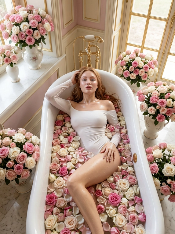 Фото с верхнего ракурса: женщина лежит и расслабляется в богато украшенной белой ванне, наполненной . Она смотрит прямо в объектив. Кожа выглядит ультрареалистично и естественно — детально передана. Макияж — чёткие чёрные стрелки, аккуратные брови и розовые румяна, блестящие губы и блестящая кожа. Хайлайтер создаёт «влажный эффект» на скулах, переносице и открытых ключицах. На ней белое боди с открытыми плечами и длинными рукавами. Одна рука согнута и заведена за голову, другая лежит на бедре. Видна согнутая в колене нога, подчёркивающая силуэт.
[Стиль и детали] Фотореалистичный стиль с мягким естественным солнечным светом, проникающим через большое окно с золотыми рамами справа и мягко освещающим сцену. Комната оформлена в классическом стиле. Пастельно-розовые, белые, золотые оттенки и мягкие тона кожи создают спокойную атмосферу.
—Ar 2:3 -style raw —v 6.0

Какие будут цветы?: Ванна наполненная розами. На полу и на подоконнике стоят белые роскошные винтажные вазы с огромными букетами роз