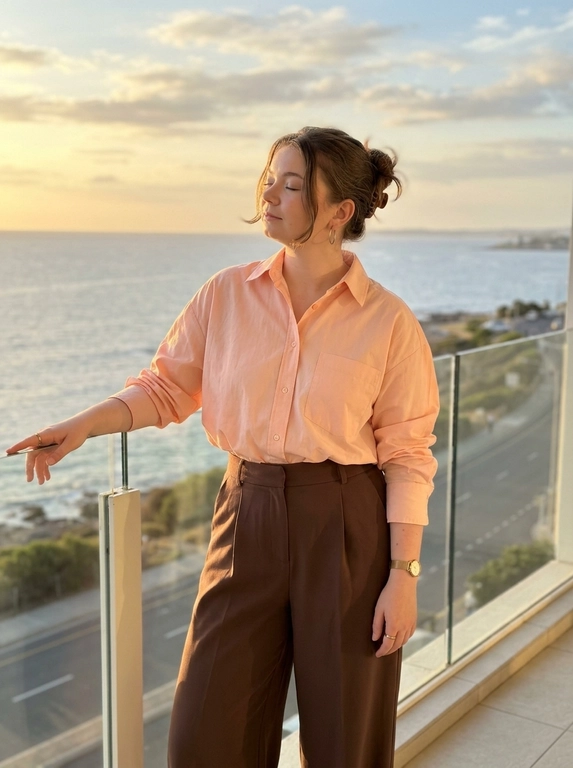 ultra realistic luxury sunset portrait of a woman standing on a balcony with ocean view,  candid instagram aesthetic, taken on iPhone 16 Pro Max. woman standing relaxed near glass railing, body slightly turned sideways, one arm resting on railing, eyes closed enjoying warm sunlight, elegant feminine posture.
outfit: oversized black blazer, fitted white crop top, elegant black trousers, luxury minimal jewelry and watch, classy old money aesthetic.
makeup: soft glam makeup with glowing bronzed skin, natural contour, sharp brows, long lashes, realistic skin texture and warm sunlight highlights.
lighting: warm golden hour sunlight, cinematic sunset glow, realistic natural shadows, soft highlights on hair and skin, luxury evening atmosphere.
background: ocean view, soft cloudy sunset sky, blurred city coastline and road below, cinematic depth, warm dreamy aesthetic.
camera: realistic iphone portrait shot, 50mm lens look, shallow depth of field, focus on woman with softly blurred background.
important: ultra realistic iphone photography, candid luxury influencer vibe, cinematic rich girl aesthetic, natural body proportions, realistic skin texture, film look, no overprocessed ai skin.

Какая будет прическа? : Волосы уложены в небрежный пучок с выбившимися прядями

Доп. характеристики: Сделай девушку в одежде: рубашка оверсайз цвета pantone parfait pink, рубашка заправлена в брюки палаццо цвет - pantone 4625 c