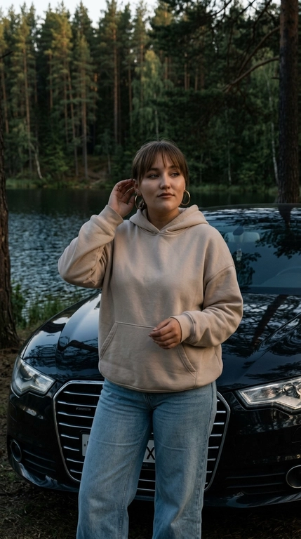 Ультрареалистичная lifestyle-фотография модели на природе, снятая на iPhone 16 Pro Max. Вертикальный кадр, Модель показана примерно до верхней части бёдер. Модель стоит возле автомобиля на берегу спокойного озера среди высокого хвойного леса, передняя часть автомобиля развёрнута к камере и хорошо читается в кадре. Корпус модели слегка развёрнут в сторону, одна рука поднята к затылку или возле уха, вторая свободно опущена. Голова немного повернута в сторону, взгляд направлен мимо камеры, выражение лица спокойное, уверенное и расслабленное.

На модели  Худи с капюшоном и джинсы. Свободный, оверсайз худи с капюшоном, низ - свободный wide джинсы светло-синего цвета. Образ выглядит спокойно, дорого и естественно..

Если модель женского пола, то у нее в ушах крупные серьги-кольца.
Если модель женского пола, то у ее макияж clean soft glam: естественно сияющая кожа с реалистичной текстурой, мягко подчёркнутые глаза, длинные ресницы, нюдовые губы с лёгким глянцевым блеском. 

Без пластиковой кожи и без чрезмерного сглаживания.

Позади модели видны озеро, отражения воды, высокий хвойный лес и припаркованный автомобиль бренда/марки Чёрный Audi A6.

Освещение — поздний вечерний golden hour. Свет мягкий, приглушённый и направленный, солнце низкое, частично скрыто деревьями. На лице и одежде мягкие тёплые блики, но без яркого свечения. Тени глубже, свет не воздушный и не пересвеченный.

Цветокоррекция тёмная, приглушённая и естественная, ближе к реальному iPhone-кадру в вечернем лесу: немного пониженная экспозиция, спокойные тёмно-зелёные и коричнево-оливковые оттенки леса, глубокий чёрный цвет автомобиля с глянцевыми отражениями, мягкие молочно-бежевые тона одежды, тёплые, но сдержанные солнечные блики. Общий контраст мягкий, но глубокий, без яркой насыщенности, без светлого airy-эффекта, без оранжевого перегрева.

Живой случайный кадр, luxury candid aesthetic, лёгкая естественная зернистость, реалистичная текстура кожи, ткани, воды и автомобиля, без глянцевой ретуши и без AI-эффекта.
