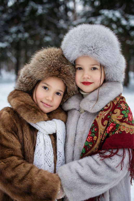 Создай кадр, который представляет собой теплый, уютный, слегка ностальгический зимний портрет в фэшн/фолк-стиле. Атмосфера спокойная, элегантная, дружеская близость двух моделей; сочетание высокой моды (мех, профессиональная ретушь) и фольклорной эстетики (вышитый шарф). Композиция и позирование: Форма кадра: портретный, вертикальный (соотношение примерно 3:4). Расположение: две женщины в центре кадра, тела и головы видны на груди; правая модель немного ближе к камере. Позы: девушки стоят близко друг к другу, левая модель слегка опирается на правую; плечи слегка повернуты к камере. Взаимодействие: мягкая улыбка, закрытое выражение лица, взгляд в камеру; дружелюбный, уверенный тон. Лица и макияж: Кожа: гладкая, естественная текстура, легкий эффект сияния. Глаза: аккуратные блики – оживляют взгляд; нейтральный/теплый макияж теней. Брови: естественная форма, слегка очерчены. Губы: у правой модели насыщенный матовый красный (центральный акцент), у левой – нежно-розовый нюдовый. Волосы: свободные пряди вокруг лица, несколько прядей с легкой волной для естественности. Шапки: большие пушистые меховые шапки с очень четко выраженной текстурой меха; справа – светло-серый мех, слева – коричневый мех. Форма: высокие, округлые, плотно сидят на голове, частично закрывают лоб – создают силуэт и рамку для лица. Верхняя одежда и текстуры: меховые пальто: густой натуральный мех у левой модели коричневый, у правой модели – светло-серый тон с видимым направлением волосков; богатая текстура и объем. У девушки справа на правом плече маленький платок с традиционным русским орнаментом – яркие цветы и листья, на фоне глубокого красного цвета с золотисто-терракотовыми, зелеными деталями; Тонкая бахрома ниспадает на ее плечо. У девушки слева на левом плече небольшой вязаный белый шарф с крупным ажурным узором, что добавляет контраста в текстуре и цвете. Окружение и фон: Лес: темные хвойные деревья, вертикальные силуэты стволов; снег на земле/вдали — размытый фон (боке).