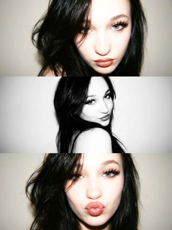 Не меняя черты лица как на фото, вертикальный коллаж из трех фото в стиле Y2K, персонаж позирует на нейтральном светлом фоне, жесткое прямое освещение от вспышки, создающее резкие тени на стене позади и эффект пересвета, лисий макияж, выраженные ресницы с вытянутым уголком, на первом и третьем кадре нет черно-белой обработки, второй кадр — черно-белый, на первой фотографии она очень близко к камере и смотрит прямо в объектив, на втором кадре корпус развернут, голова кокетливо повернута к объективу, на третьей фотографии она снова очень близко к камере, смотрит в объектив, дует губы бантиком и смотрит вперед, сочетание цветных снимков с мягким фокусом и черно-белого кадра с высокой контрастностью, крупный и средний план, минималистичная композиция, винтажная цифровая текстура, легкая размытость, гламурная атмосфера.




Какая будет прическа?: Женщина с красивой, объемной укладкой, укладка выглядит так, будто сделана на брашинг; укладка немного прикрывает лицо, но не сильно; укладка уложена на бок и частично закрывает левый глаз.