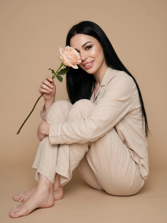 Сохрани внешность человека с исходного фото. Создай студийное фото на котором человек сидит на полу обнимая колени одной рукой. Второй рукой человек держит красивую нежную розу с большим бутоном, бутон цветка закрывает часть её лица. Макияж красивый профессионалный, ровная кожа с естественным сиянием, немного хайлайтера, дымчатые тени, красивые тонкие графичные стрелки, губы в прозрачном блеске. Одежда: светлый хлопковый костюм по типу пижамы, рубашка с длинным рукавом и свободные брюки. Но ноги босые. Фон бежевый, бесшовный и однотонный, фокус на человеке. Естественный свет допустимо лёгкое зерно. Высокое качество фото.

Прическа: Волосы ухоженные уложены прямо