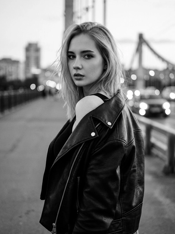 Используй внешность модели с фото. Фотореалистичное черно-белое фото в стиле модной редакционной съемки с эстетикой пленочной фотографии (зернистость, высокий контраст). Модель с волосами слегка растрепанными ветром. Она одета в черную, объемную кожаную куртку-косуху, которая небрежно спущена с левого плеча, открывая его. Под курткой надет черный облегающий топ. Поза: модель стоит вполоборота спиной к камере, но резко оборачивается и смотрит назад через плечо прямо в объектив. Выражение лица серьезное, дерзкое и чувственное, губы слегка приоткрыты, густые ресницы. Фон размыт, видны элементы конструкции моста и огни проезжающих машин вдали, создающие городскую атмосферу. Освещение естественное, подчеркивающее текстуру кожи и блеск кожи куртки. Высокое разрешение, 8k. Освещение мягкое и равномерное, без жестких теней, свет подчеркивает блеск жемчуга и страз, цвета насыщенные, но реалистичные. Высокая детализация, фотореализм, четкий фокус на лице, естественные пропорции.