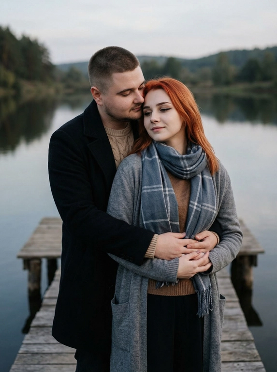 Фотография изображает пару на деревянном пирсе, возможно, у озера или реки. Стиль снимка — естественный, с мягким освещением и приглушённой цветовой гаммой, создающей атмосферу спокойствия и умиротворения. Кажется, это кадр из фотосессии, посвящённой отношениям.
Мужчина стоит позади женщины, обнимая её. Женщина стоит перед ним. Не менять причёску и сохранить черты лица. Руки мужчины обнимают женщину, его голова наклонена к её голове, создавая интимный момент. Руки женщины переплетены с руками мужчины.
Поза расслабленная, лица обоих выражают спокойствие.

Какая будет одежда?: Мужчина одет в чёрное пальто и бежевый свитер. Женщина одета в серый кардиган или пальто, накинутое поверх коричневого свитера или блузки, и тёмную юбку или брюки. Поверх кардигана наброшен большой клетчатый шарф в сине-серых тонах.