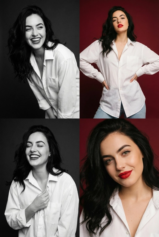 Коллаж из четырёх студийных портретов одной женщины, расположенных в сетке 2×2. Не меняй внешность, цвет и текстуру волос. Все кадры сняты в модном editorial-стиле. Образ — естественная красота, лёгкая небрежность, живые эмоции.
Женщина имеет естественный макияж с акцентом на красные губы. На ней белая очень свободная рубашка мужского кроя на несколько размеров больше, частично расстёгнутая, подчёркивающая линию декольте. В отдельных кадрах она слегка придерживает рубашку руками.
Эмоции и позы:
Верхний левый кадр — чёрно-белый, она наклоняется вперёд, смеётся, взгляд в сторону, живой момент.
Верхний правый — цветной, красный студийный фон, руки на бёдрах, уверенный фэшн-портрет. Снято с нижнего ракурса. Видно часть ее светлых джинс.
Нижний левый — чёрно-белый, она смеётся с закрытыми глазами, держит рубашку у груди, расслабленная поза.
Нижний правый — цветной, крупный портрет, легкая улыбка, слегка наклонила голову в сторону, тёплая улыбка, акцент на губах.
Фон: для цветных кадров — глубокий красный студийный фон, для чёрно-белых — нейтральный тёмный фон.
Освещение: мягкий студийный свет, подчёркивающий текстуру кожи, волосы и складки рубашки. Без жёстких теней.
Композиция: кадры слегка разные по ракурсу, создают ощущение живой съёмки backstage.
Стиль: fashion editorial, lifestyle, natural sexy, cinematic soft light, analog photo vibe, magazine photoshoot, ultra realistic, high detail, skin texture visible, 8k. Волосы распущены и уложены в объемную естественную укладку