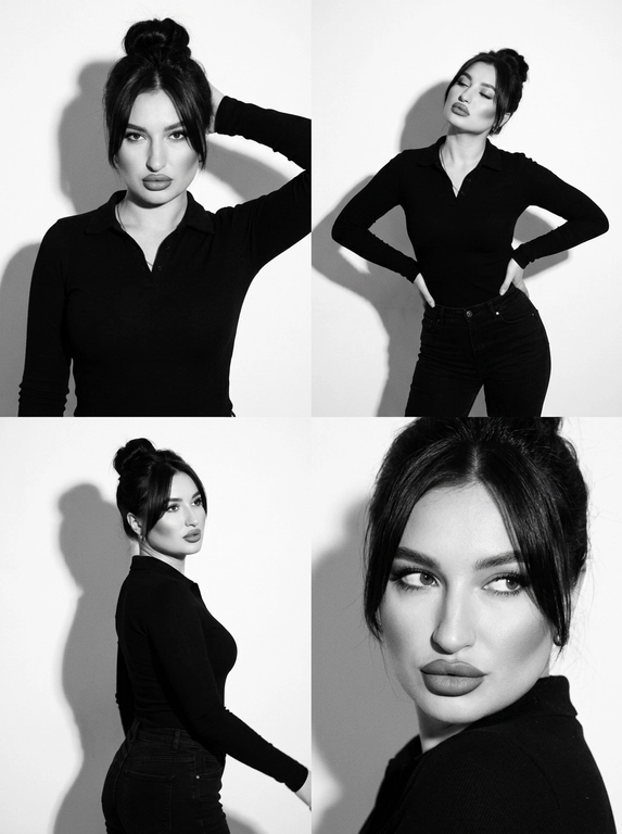 Коллаж ч/б, коллаж 2×2 из 4 ультрареалистичных фото. Стиль: ч/б, high contrast, эстетика плёнки 90-х (Pentax K1000 + Kodak Tri-X 400), заметное film grain. Свет: жёсткий студийный flash, чёткая тень на белой стене. Локация: минималистичная студия, белый фон. Модель: та же женщина (внешность не менять). Одежда: чёрный облегающий лонгслив-поло + чёрные джинсы. Макияж: matte sculpted — контуринг, пухлые губы с карандашом, густые ресницы, высокая детализация лица. Кадры: 1. верх-лево — портрет по грудь, рука за головой, прямой уверенный взгляд (Vogue 1995 vibe). 2. верх-право — план по бёдра, руки на талии, изогнутый корпус, голова назад или вбок, half-closed eyes. 3. низ-лево — полупрофиль в движении, разворот головы и корпуса, dreamy взгляд в сторону, тень профиля. 4. низ-право — close-up, голова к плечу, игривый взгляд исподлобья, фокус на глазах и губах. Не менять лицо и цвет волос. Фото сделано на iPhone 17 Pro Max со вспышкой.


Какая будет прическа?: Небрежный высокий пучок в стиле бомбшелл 90-х, объём у корней, удлинённая чёлка-шторка