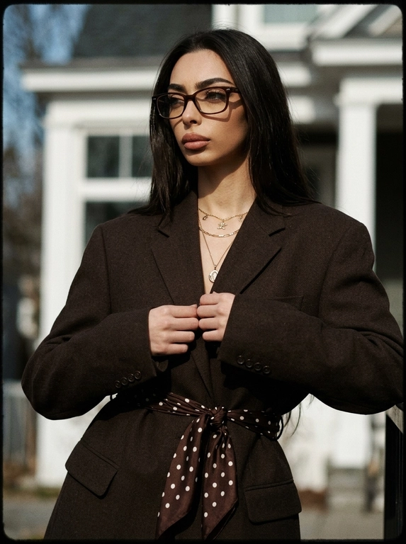 Экстремально крупный план по пояс. Модель на фоне здания с белой отделкой. День, солнечно. Одета в тёмно-коричневый строгий костюм оверсайз, вместо ремня на поясе завязан шёлковый платок тёмно-коричневого цвета с белыми кружками. На глазах тёмно-коричневые стильные очки для зрения. Смотрит в сторону, поправляя пиджак, слегка наклонившись. Фото слегка смазанное. Кинематографический эффект с добавлением зерна. Без улыбки. Не меняй черты лица. Фото затемнено.