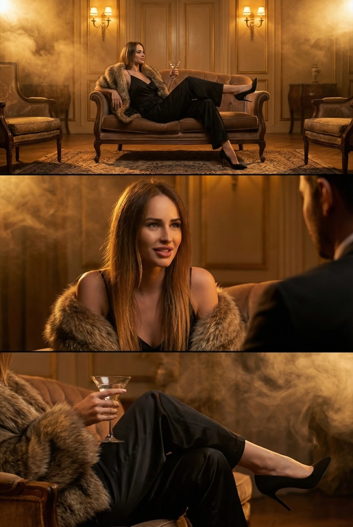 Создай кинематографичный коллаж формата 2:3, состоящий из трёх горизонтальных кадров, расположенных друг под другом. Атмосфера — роскошный барочный гостиничный холл, тёплый янтарный свет, мягкая дымка, винтажные бра, позолоченные панели, бархатная мебель. Женщина с харизмой жены мафии в тёмном атласном комбинезоне на бретелях и роскошном меховом палантине.

Кадр 1 (верхний): широкий план. Женщина расслабленно лежит на бархатном диване, одна нога вытянута, чёрные острые шпильки упираются в ковёр. В руке — бокал мартини. Комната наполнена дымом и тёплым светом.

Кадр 2 (средний): средний портрет. Она слегка улыбается, общаясь с кем-то за кадром. Свет подчёркивает её волосы и мех на плечах. Атмосфера интимная и тёплая.

Кадр 3 (нижний): крупный акцент на детали. Её рука с бокалом, текстура мехового палантина, атлас комбинезона, изящный изгиб ноги в чёрных шпильках, дымка вокруг.

Стиль: кинематографичный, дымный, атмосферный, глубокие тени, мягкие блики, богатые текстуры, настроение нео-нуар.