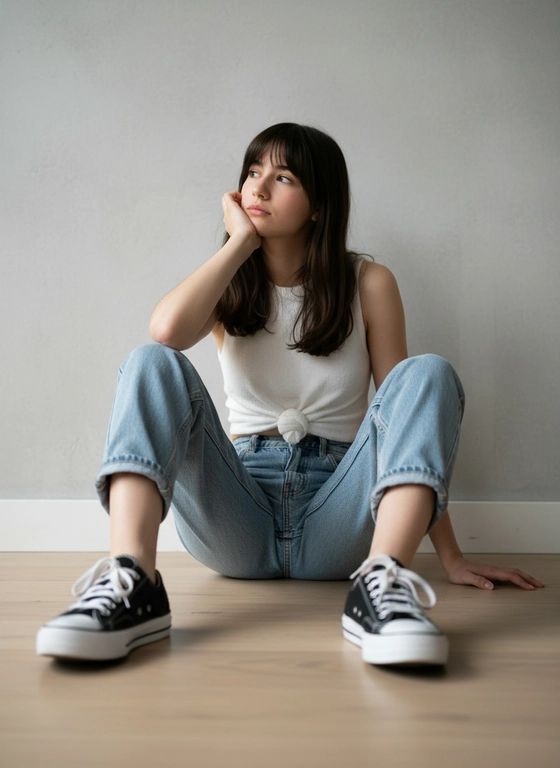 Создано с помощью сервиса Создать по своему фото и промпту

Промпт пользователя:
A photograph of a teenage girl sitting on the floor, her legs spread and bent at the knees, her feet facing the camera. She rests her right elbow on her knee and rests her hand on her cheek. Her left arm is lowered and rests on the floor next to her leg. Her head is slightly tilted, her gaze is directed to the side and slightly upward. Her pose is relaxed and static.

The shot is medium-to-full-length, shot from a slightly lower angle, close to floor level. The vertical orientation of the frame is used for perspective, with a slight emphasis on her legs and shoes in the foreground.

She is wearing a white sleeveless knit top tied in a knot at the front at the waist, loose, high-waisted straight-leg jeans with the legs rolled up, black low-top sneakers with white laces and a white sole,...
Девушка стройная волосы распушены челка ушей не видно.