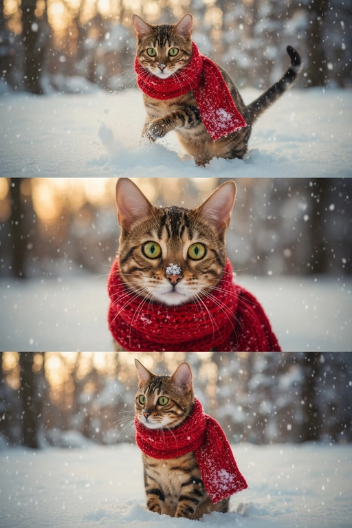     Коллаж из 3-Х фото моего питомца на зимнем фоне в снегу. Питомец в вязаном шарфе, вокруг падает снег, на заднем плане заснеженный лес.

Первый кадр — питомец в полный рост. Он играется со снегом 

Второй кадр — крупный план, увеличенный кадр мордочки питомца с одной снежинкой на носике. Мордочка питомца занимает весь кадр, взгляд прямо в камеру 
 
Третий кадр - портрет питомца, он смотрит в левую сторону. На фото виден шарф, на шарфу есть снежинки 

Три кадра объединены в вертикальный коллаж в едином тоне и свете. Атмосфера — реалистичная, теплая и немного кинематографичная.
Свет мягкий, утренний.  Цвет шарфа - красный 