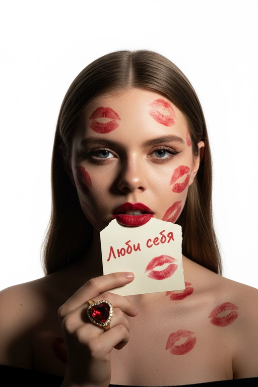   Фотореалистичный портрет крупным планом, кинематографический
вспышка Y2K. Чистый белый фон, драматическое профессиональное верхнее освещение с глубиной и скульптурными тенями. Голова прямо, камера крупным планом на уровне глаз, острый взгляд, томный, томный взгляд. Графичный «лисьий глаз» только во внешних уголках глаз, подчеркнутые ресницы, насыщенная красная помада с более темным контуром.
Она кусает зубами грубо разорванный клочок бумаги, держа его за уголок; на бумаге красной помадой написаны слова
«» и виден отпечаток поцелуя.
Хаотичные следы поцелуев от красной помады на лице, шее, плечах. Золотое кольцо с большим красным сердцем и бриллиантом. Не изменяй черты лица.  На листе бумаги написано "Люби себя"