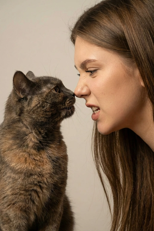 Сделай фото со мной и моим питомцем. Реалистичное фото, с высокой детализацией. Снимок меня и моего питомца в профиль. Фото сделано первым средним планом (Medium CloseUP), в кадре видно часть туловища (с головы до середины груди).
Я стою лицом к своему питомцу в строгий профиль, смотрю прямо на него.
Мой питомец расположен прямо напротив моего лица, также в профиль, смотрит прямо на меня. Наши носы почти соприкасаются. Наши головы могут быть наклонены: например, моя голова наклонена немного вниз, а голова питомца наоборот повыше. Четкая визуальная симметрия между моем лицом и головой моего питомца.
Студийное освещение, мягкий свет, создающий контрастность и скульптурные тени, на самом лице минимум тени. 
 Я и питомец игриво рычим.  Цветная фотография. Фон светлый, нейтральный. 