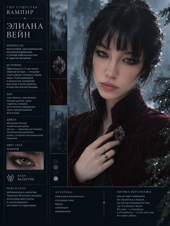 Создай cinematic character poster в стиле официальных фильмов Twilight Saga: мрачная атмосфера, лес Форкса, туман, холодная цветокоррекция, драматичный свет.

Используя моё фото, создай образ персонажа и оформи результат как character dossier с инфографикой в стиле Twilight Saga. Всё на русском языке.

ВАЖНО

Каждая новая генерация должна создавать полностью нового уникального персонажа и новый визуальный образ.

При каждой новой генерации самостоятельно придумывай заново:

тип существа;
имя и фамилию;
характер;
историю;
способности;
клан или стаю;
роль в саге;
эстетику;
одежду;
причёску и укладку;
выражение лица;
позу;
композицию постера;
фон и окружение;
свет;
визуальные детали и аксессуары.

Не повторяй один и тот же визуальный образ между генерациями. Каждый следующий результат должен заметно отличаться от предыдущего одеждой, стилизацией, позой, атмосферой и оформлением постера.

При этом сохраняй исходную внешность человека с загруженного фото: лицо, черты лица, форму лица, нос, губы, брови, пропорции и узнаваемость. Не превращай человека в другого. Меняться должен образ персонажа, а не его личность и базовая внешность.

Нельзя повторять имя, фамилию, подписи, описание личности, историю, способности, клан/стаю, роль в саге, эстетику персонажа и другие текстовые элементы из предыдущих генераций.

Если создаётся несколько постеров одновременно, каждый должен выглядеть как совершенно отдельный персонаж, а не как вариация одного и того же.

Имя и фамилия должны быть оригинальными, не совпадать с именами канонических героев Twilight Saga и не повторяться между персонажами.

На постере текстом и визуально обязательно должны быть:
Тип существа
Имя и фамилия персонажа
Описание личности
История
Способности, если есть
Цвет глаз, если он изменён, и это изменение должно быть видно во внешности
Клан / стая
Роль в саге
Эстетика персонажа
Логика по типу персонажа

1. Вампир

Спокойствие, наблюдательность, эмоциональная глубина, интеллект, внутренняя дистанция и эстетичность.

Если выбран вампир, обязательно укажи:

клан;
дар;
историю обращения;
диету;
цвет глаз по канону: золотые при животной диете, красные при человеческой.

Внешний образ вампира каждый раз должен быть новым: меняй одежду, стилизацию, настроение, позу, окружение и характер освещения.

2. Оборотень

Эмоциональность, энергия, импульсивность, защитный характер, преданность и лидерство.

Если выбран оборотень, обязательно укажи:

стаю;
роль в стае;
историю первого обращения.

У оборотней нет дара.

Для каждого нового оборотня создавай отдельный визуальный образ, соответствующий его характеру и роли в стае.

3. Человек

Реалистичность, человечность, адаптивность, искренность и влияние на сюжет без сверхсил.

Если выбран человек, обязательно укажи:

историю персонажа.

Образ человека также должен быть уникальным в каждой генерации: новая одежда, настроение, окружение, поза и эстетика.

Дополнительные требования
Сохраняй мою внешность как точную основу персонажа.
Не используй один и тот же костюм или одну и ту же композицию повторно.
Не делай все постеры с одинаковой причёской, позой и выражением лица.
Внешний образ должен соответствовать придуманным характеру, истории, клану или стае.
Текст должен выглядеть как часть официального character dossier.
Подписи должны быть логичными, читабельными и уникальными.
Не копируй формулировки между генерациями.
Каждый результат должен ощущаться как совершенно новый персонаж и новый фотосет внутри вселенной Twilight Saga.

Доп. характеристики: Молодая девушка , из клана Вальтури