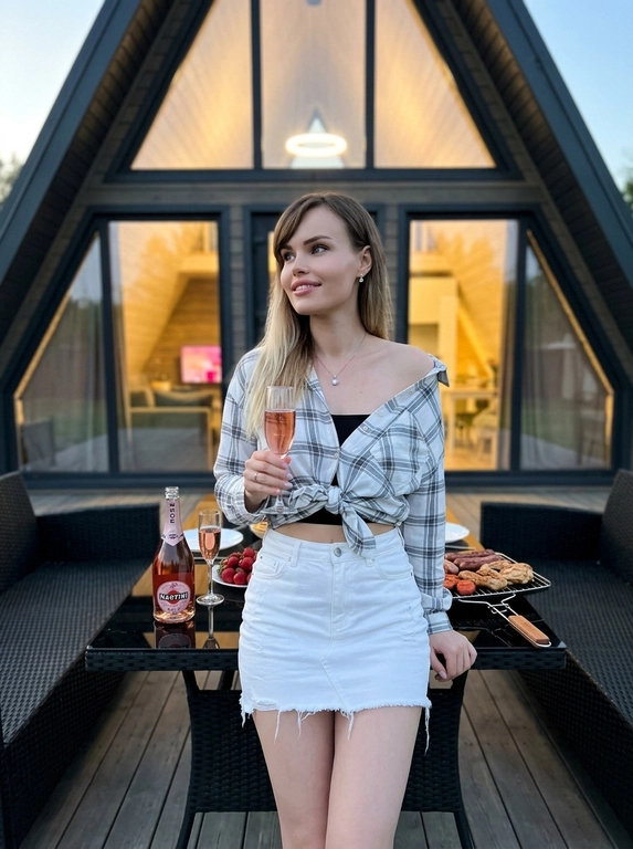 Создай ультрареалистичный снимок на природе. В ушах — серьги-гвоздики, на шее — подвеска с маленьким бриллиантом. Уютная вечерняя сцена на современной террасе А-образного дома. Поза: она стоит боком, слегка облокотившись на стол; на лице лёгкая улыбка, взгляд в сторону; в руке — бокал на тонкой ножке с розовым шампанским. Обстановка: за ней — чёрный стеклянный стол на деревянной террасе с романтическим ужином: бутылка розового Martini Rosé, бокал для вина, тарелка со свежей клубникой, ассорти из гриля (сосиски и курица). Рядом по бокам — чёрные уличные плетёные диваны. На заднем плане — стильный современный A-frame дом с большими панорамными окнами.


Выберите образ: Женщина одета в бело-серую оверсайз-рубашку в клетку с рукавами-клёш, завязанную на талии и спущенную с одного плеча; под ней виден чёрный короткий топ и белая джинсовая мини-юбка с потёртостями.